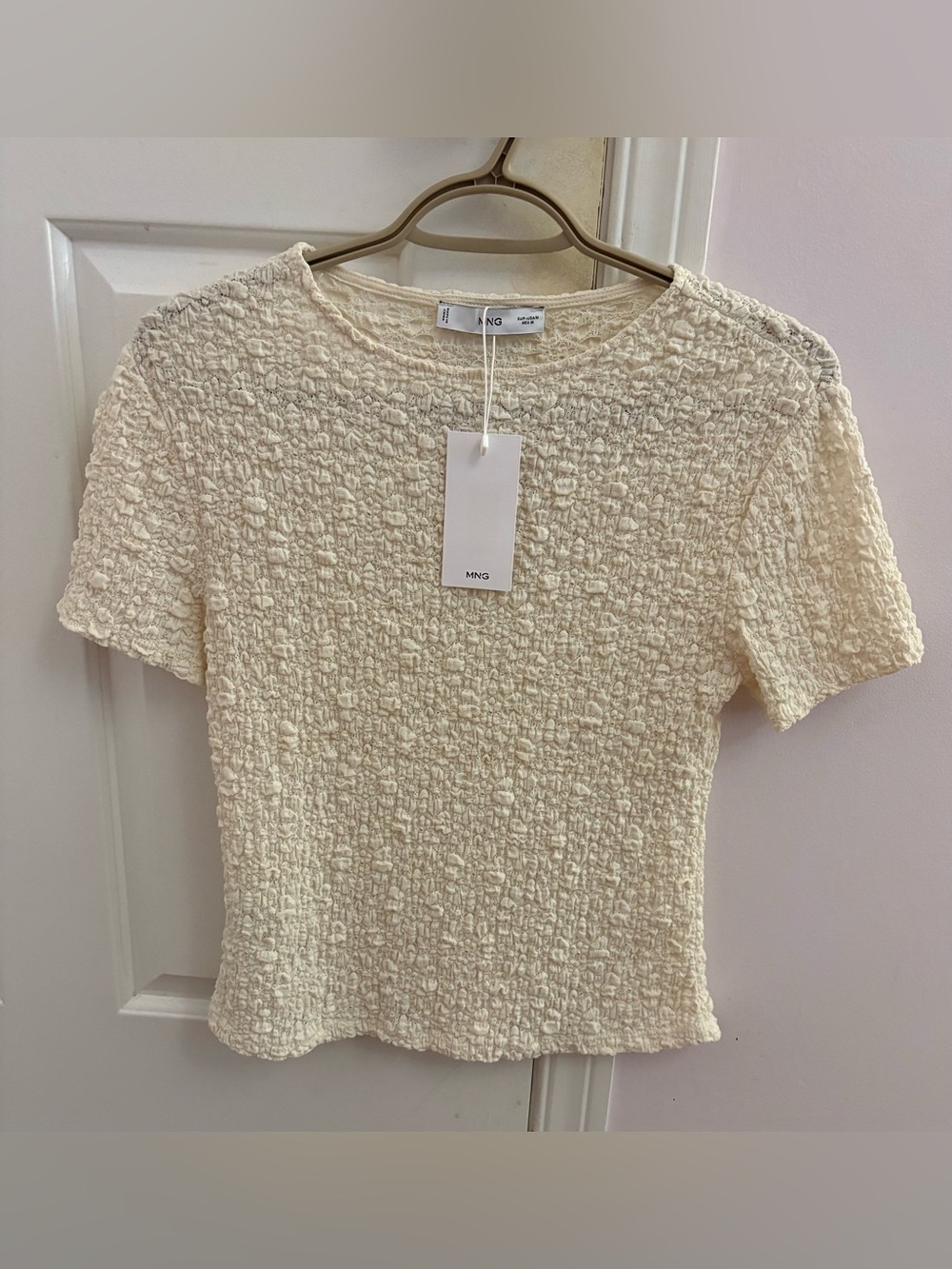 Mango Cream Crinkle Short Sleeve Blouse